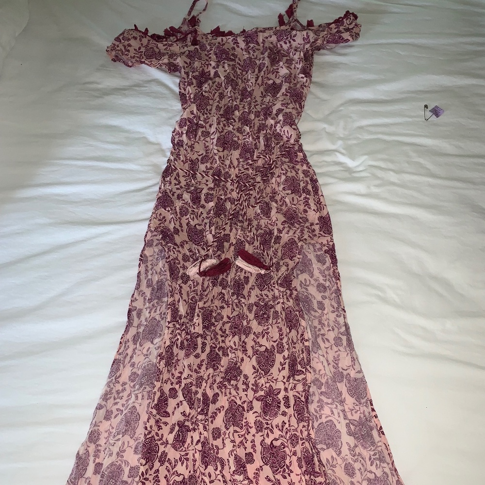 Pink and purple paisley dress with slits and shoulder cutouts